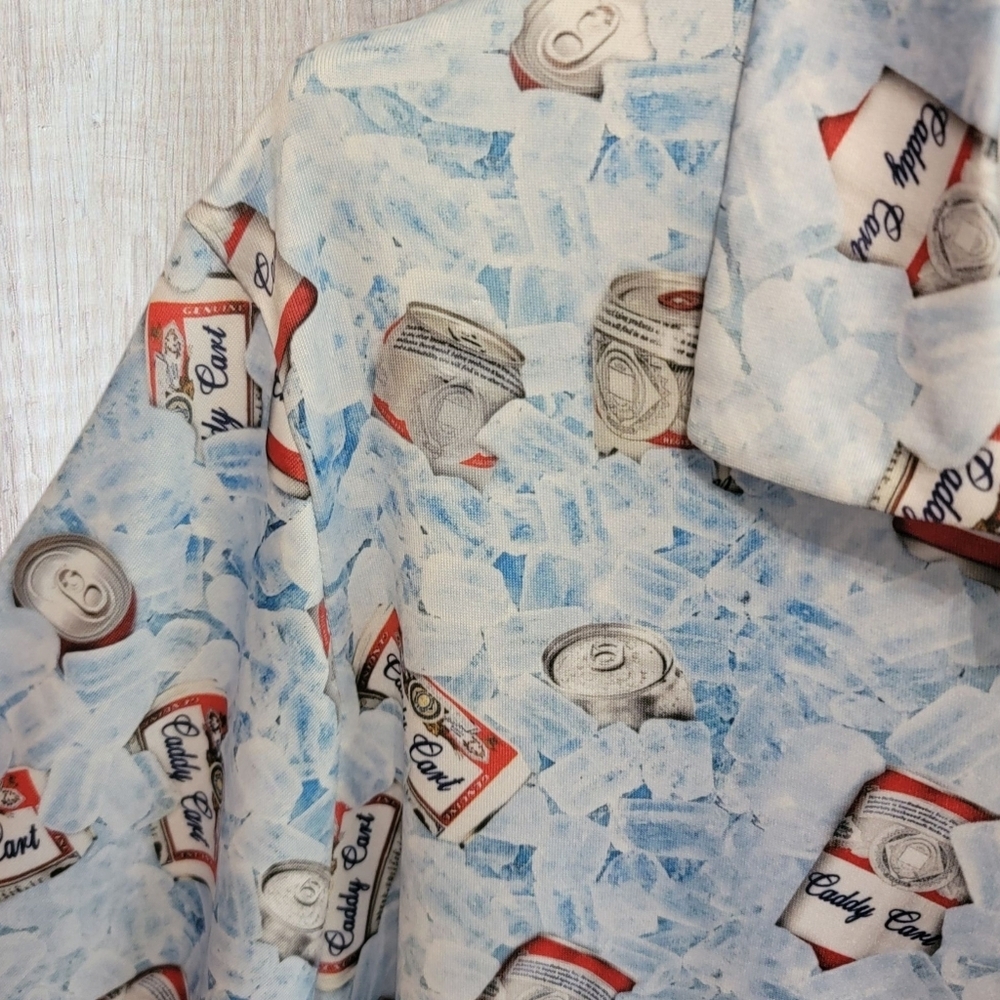 NWT Caddy Cart Golf Polo Shirt Mens M Blue Ice Beer Can Pro Tournament T25